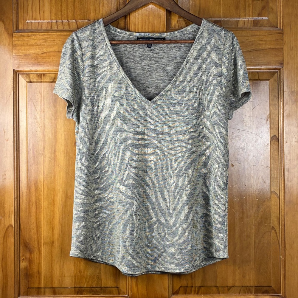 White House Black Market Gold Zebra Print Metallic V-Neck Top T-Shirt Medium